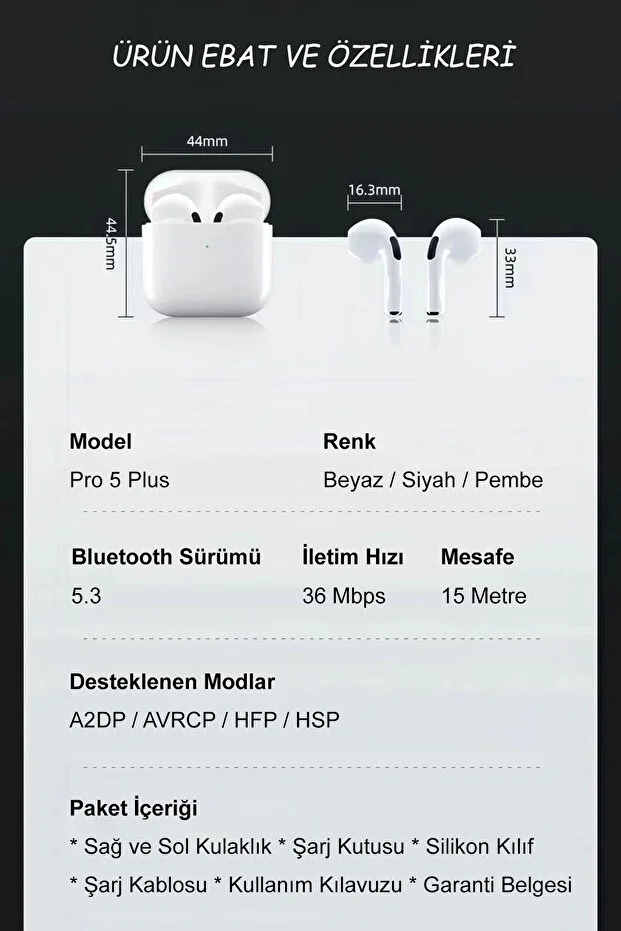 Kılıf Hediyeli Pro 5 Plus Premium A Kalite Bluetooth Sürüm 5.3 Bluetooth Kulaklık